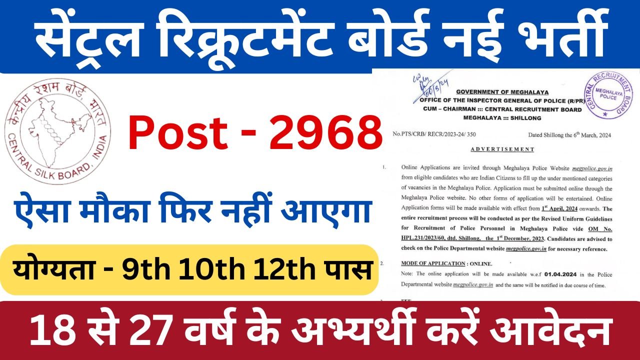 Central Recruitment Board Vacancy - सेंट्रल रिक्रूटमेंट बोर्ड दसवीं पास के लिए 2968 पदों पर आवेदन शुरू